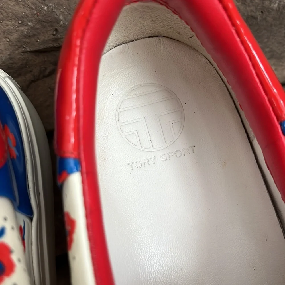 Tory Burch Cream Leather Golf Sneakers with Red and Blue Floral Print